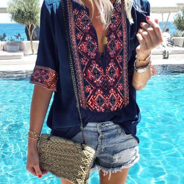 

women ethnic style bohemian blouse shirt blusas summer casual printed boho blouses v neck beach plus size long 1 piece half women's & s, White