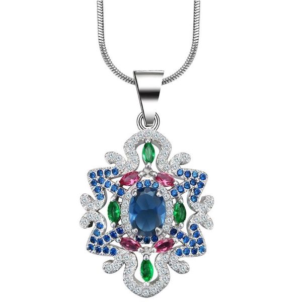 

chains luxury gorgeous women jewelry blue zircon flower pendant necklace for wedding engagement party set gifts, Silver