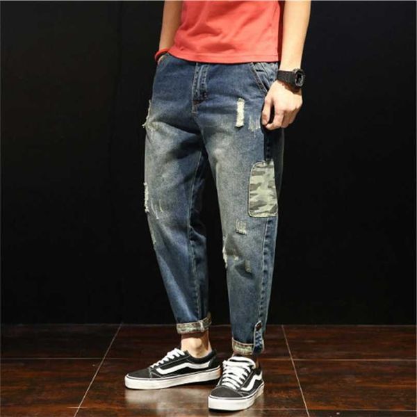 

fashion patchwork ripped men's jeans boys loose casual holes ankle-length harem pants jeans trousers large size 28-42 211008, Blue