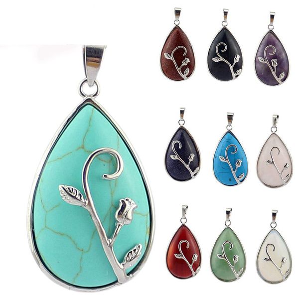 

water-drop shape natural gemstone rose blossom women pendant amethyst green aventurine healing crystal necklace charm fashion reiki stone je, Silver