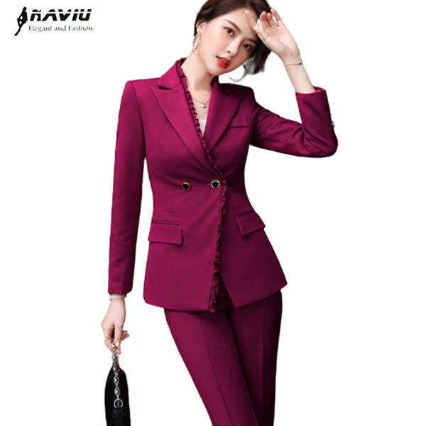 

apring purple red pants suits women slim long sleeve fashion formal blazer and office ladies business work wear women's two piece, White
