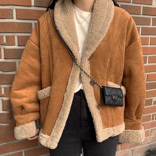 

women's jackets [ewq] korean retro personality fur one body thickened jacket women autumn winter 2021 loose lapel single breasted 16r56, Black;brown