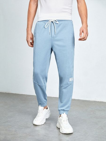 

men patched drawstring waist sweatpants c33z#, Black