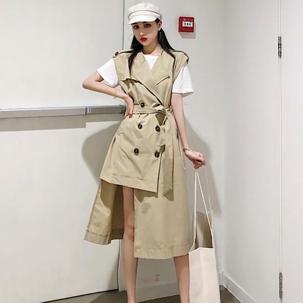 

women's trench coats 2021 spring irregular sleeveless british style coat female long lapel blezer robes fashion belt jaqueta vestido, Tan;black