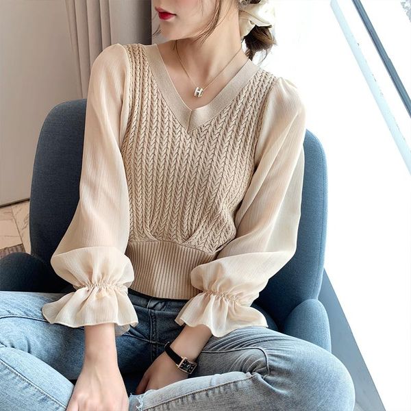 

women's blouses & shirts abrini women autumn chiffon trim peplum puff sleeve elastic ladies knitted and blouse 2021 patchwork elegant, White