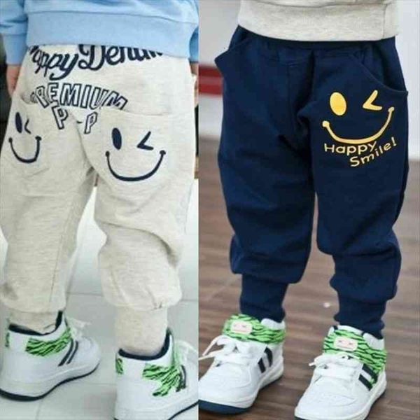 

smile face pocket pants cute boys girls hip hop slacks solid color printing fashion cotton clothing fall cloth for kids, Blue