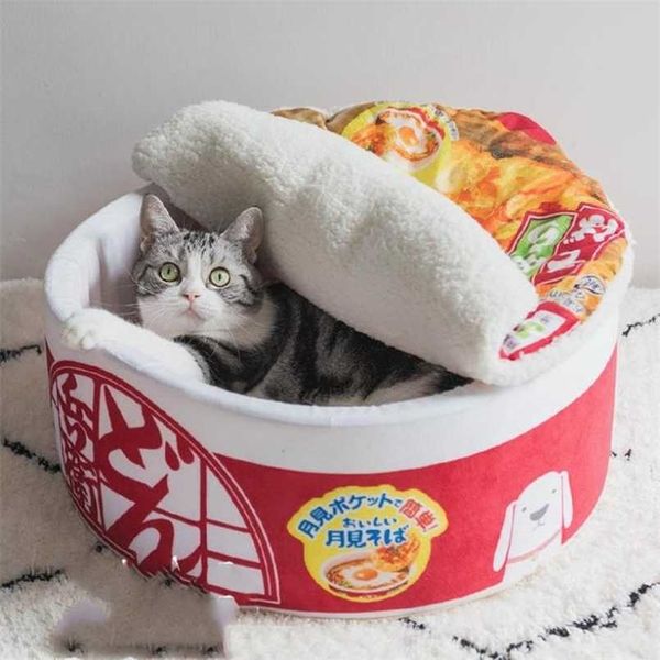 Produtos para animais de estimação para gato tenda de inverno macarrão engraçado pequeno cão cama casa dormindo saco almofada gatos pelúcia móveis acessórios 211111