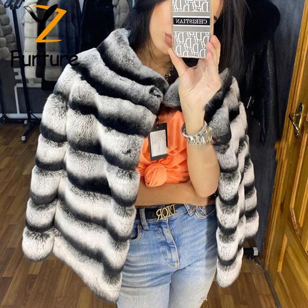 

women's fur & faux winter women coat real female natural full pelt chinchilla color genuine rex jacket warm coats 2021, Black