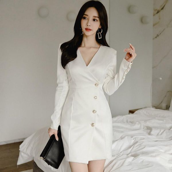 

casual dresses 2021 spring korean ol temperament v-neck slim waist single breasted hip blazer suit dress, Black;gray