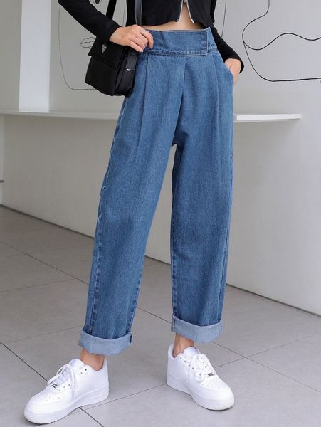 

dazy high waist fold pleated jeans z7no#, Blue