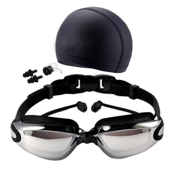 

women men waterproof anti-fog uv protection surfing swimming goggles professional swim glasses caps earplugs nose clip set diving masks