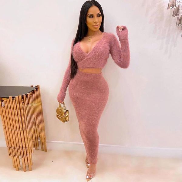 

two piece dress cozy teddy bear shaggy co-ord sets women warm fashion solid bodycon outfits long sleeve and high waist skirt set, White