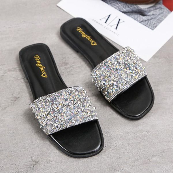 

women sandals summer slippers sequins flat beach shoe ladies shoes casual flip flops large size 35-42, Black