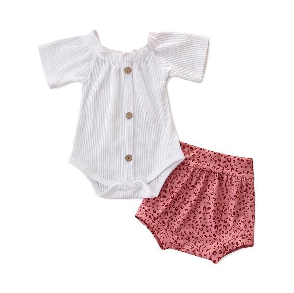 

2pcs fashionable baby girls outfit summer breathable solid color short sleeve button romper casual leopard point shorts set clothing sets, White