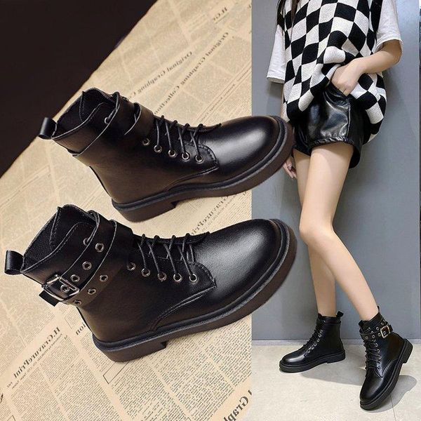 

boots ladies winter leather thick bottom low heel lace fashion buckle ankle casual shoes women, Black