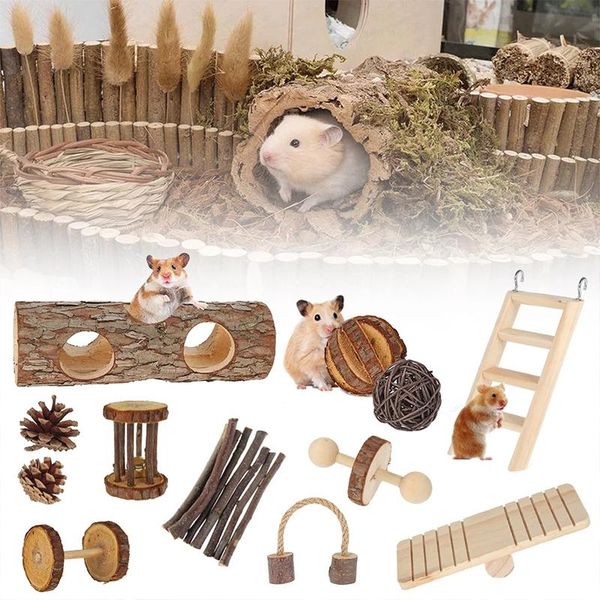 

small animal supplies 12pcs/set natural wood mini hamster toy set exercise chew teeth care molar chewing pet products chinchilla
