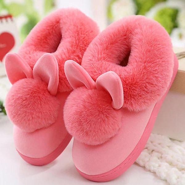 

slippers xek 2021 women's fluffy plush ears velvet winter large sizes soft shoes yyj20, Black