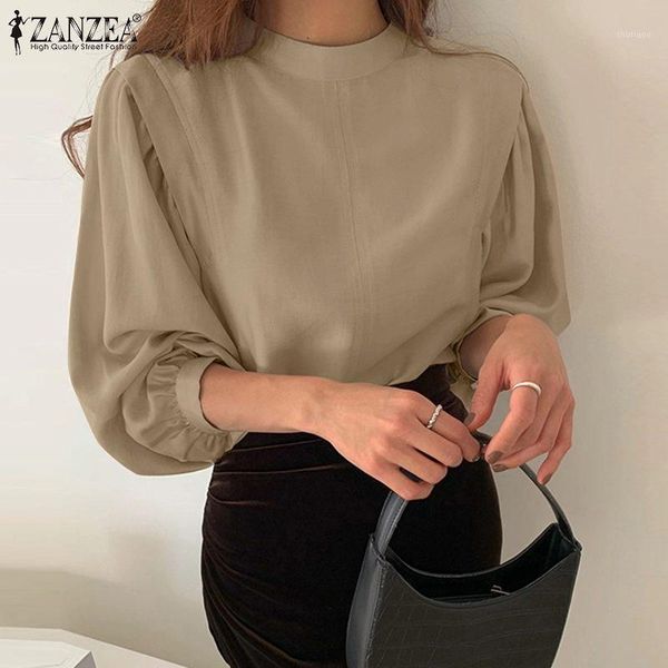 

women's blouses & shirts fashion casual lady stand collar womens elegant office zanzea solid long sleeve tunic 2021 autumn patchwork b, White