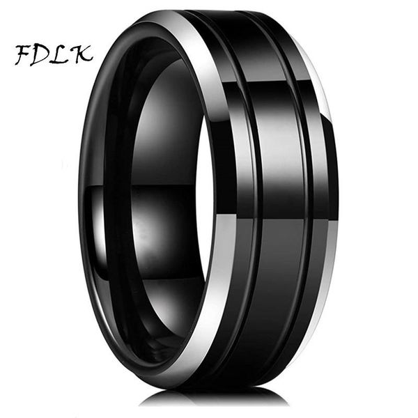 

wedding rings fashion stainless steel black double groove ring for men jewelry engagement band husband anniversary gift, Slivery;golden