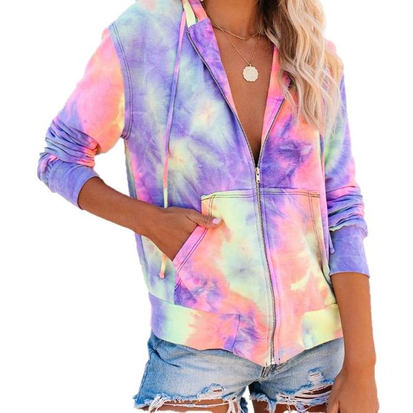 

women's hoodies & sweatshirts women tie dye zip up hoodie sweatshirt long sleeve hooded pocket female fashion loose casual tracksuit t, Black