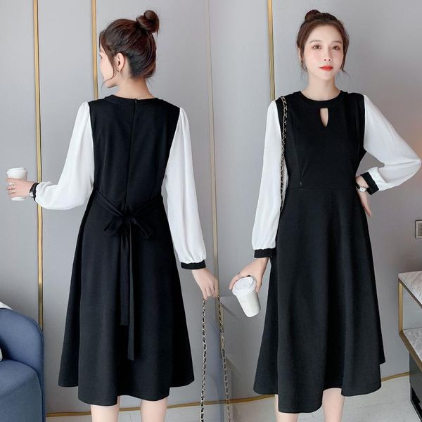 

maternity dresses autumn winter long dress clothing fashion elegant o-neck chiffon sleeve patchwork spring pregnancy vestidos, White