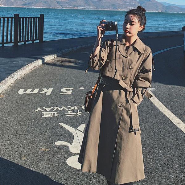 

women's trench coats superaen 2021 autumn medium-length windbreaker double breasted turn down collar full long jacket women coat, Tan;black