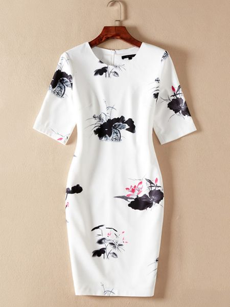 

Casual Dresses Female Lotus print hemmed around the neck dressed in short sleeves QSRR, Black;gray