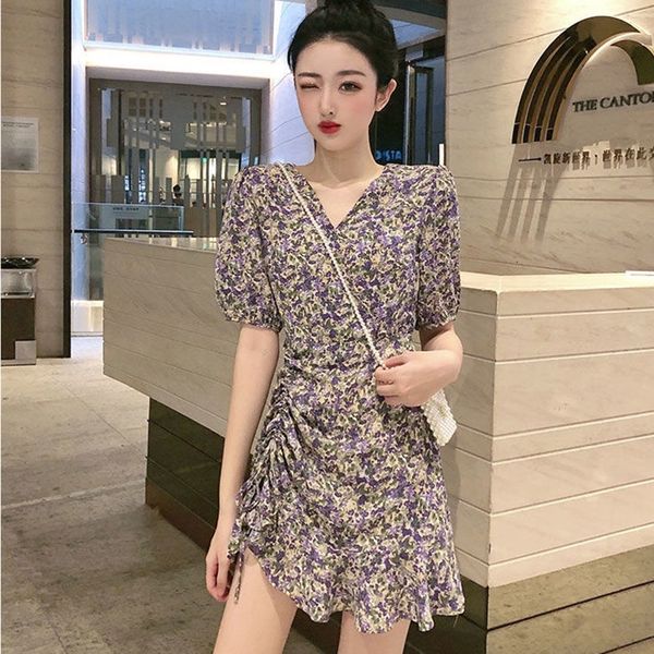 

dress summer woman drawstring v-neck fashion sweet pastoral style plus size mini print slim vestidos mujer l1qg, Black;gray