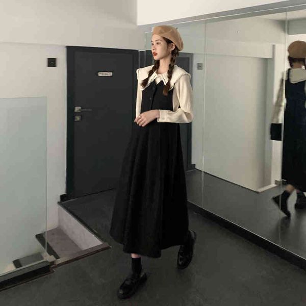 

skirts korean style girly sweet peter pan neck strap black female dress bing