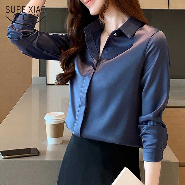 Frühling Koreanische Mode Satin Solide Frauen Tops und Bluse Seide Bluse Frauen Plus Größe Büro Dame Langarm Frauen Shirts 10150 210527