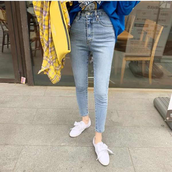 

basic high waist stretch denim jeans pocket solid blue all-match wish large thermal character code pants women's