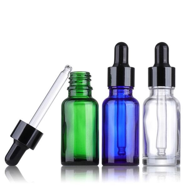 Garrafas do conta-gotas do vidro portátil azul claro do âmbar 15ml Recipientes cosméticos vazios de 15ml 20ml com tampão preto e tubo de pipeta