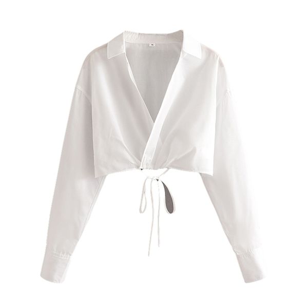 

casual women v neck high waist blouse spring-autumn fashion ladies street minimalism female lace short shirt 210527, White