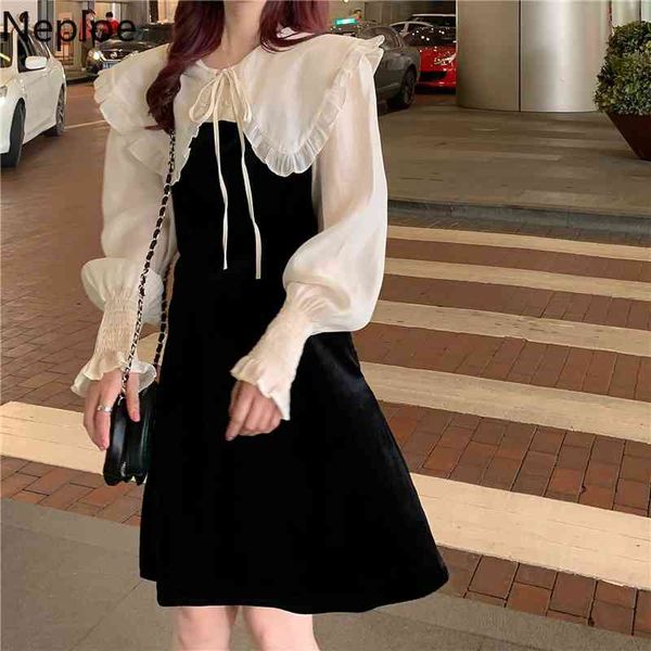 Neploe Sweet Peter Pan Collar Dress Women Temperament Robe Ruffled Velvet Patchwork Vestidos Contrast Color A-line Abiti 210422