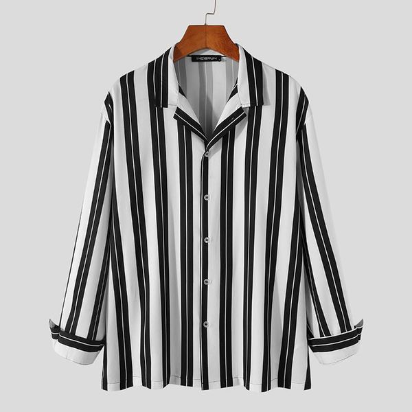 

fashion men striped shirt 2021 lapel long sleeve breathable button casual blouse streetwear leisure brand camisas s-5xl incerun men's s, White;black