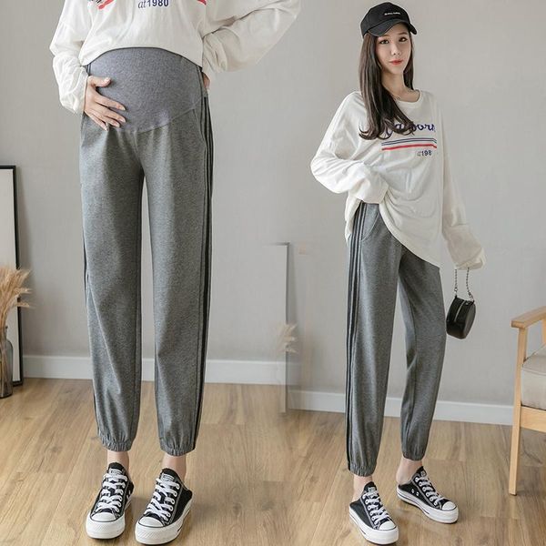 

maternity bottoms pants spring autumn 2021 fashion sweatpants trendy mom leggings fall outer wear side stripes pregnant trouser, White