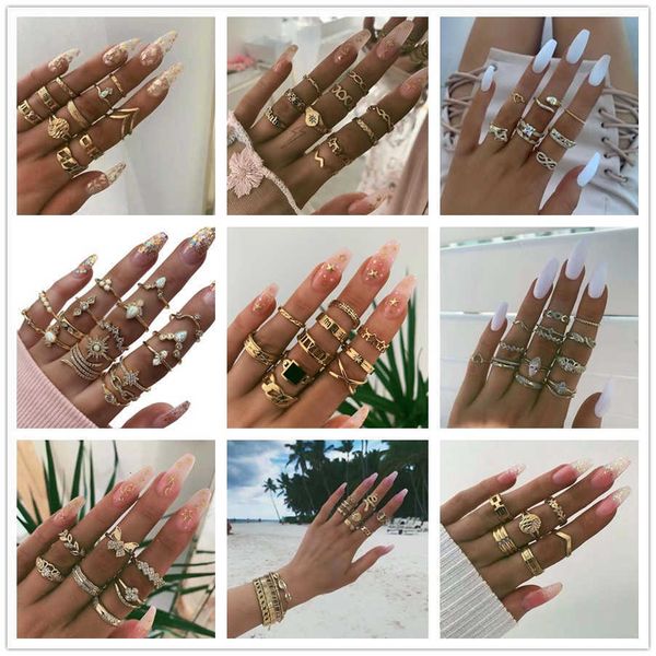 

ring docona 22 style vintage gold color snake flower butterfly crystal knuckle midi set for women girl carved geometric s, Golden;silver