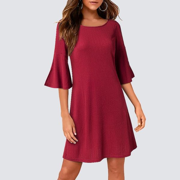 

casual dresses women brief daily wear pure color round neck flared sleeve above knee swing flowy mini dress 1ht017, Black;gray