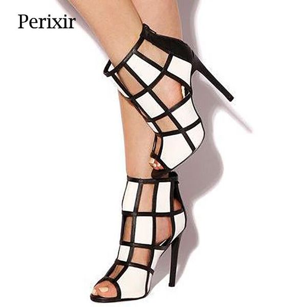 

boots perixir women summer ankle peep open toe stiletto heel checkered mixed color footwear back zipper fashion ladies shoes, Black