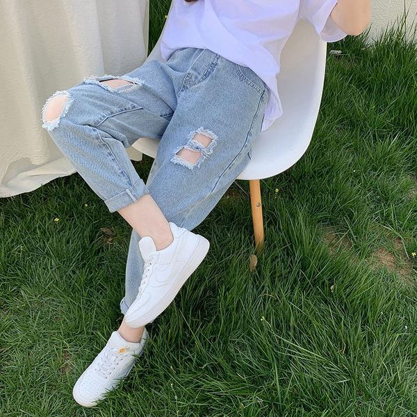 

jeans girls 4-14 years washed hole korean pants for kids girl summer cowboy trousers teenage clothes ripped, Blue