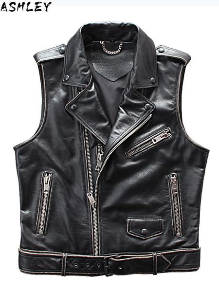 

black 2021 vintage american motorcycle leather jacket genuine cowhide spring slim fit natural biker's vest men's vests, Black;white