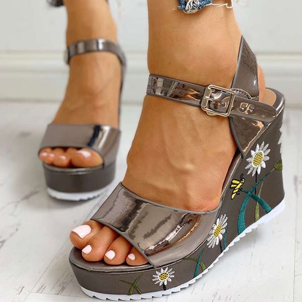 

summer slope heel embroidered fish mouth sandals women's flat buckle high heels large, Black