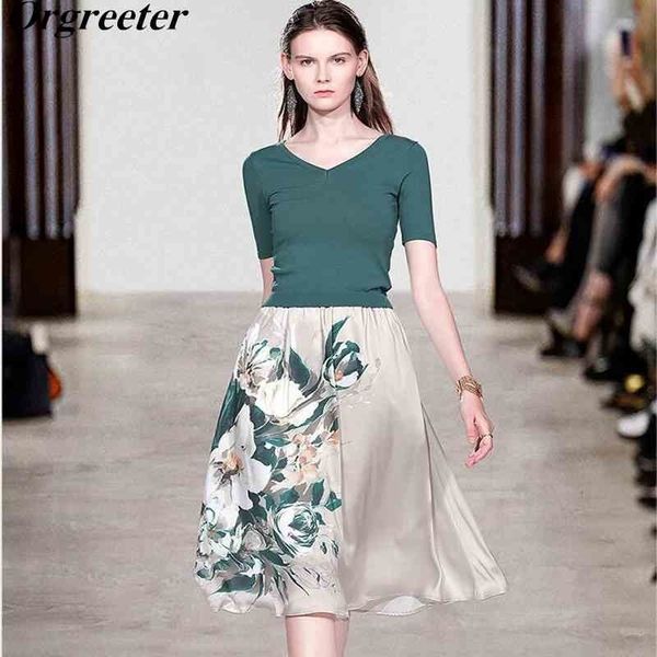 

summer v-neck green knitted + elegant flower print mid-calf skirt 2 piece set women outfits ol work wear sets 210525, White