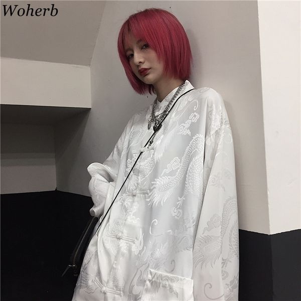 Woherb Donna Uomo Camicetta Drago Stampa Harajuku Streetwear Stile cinese Colletto alla coreana Fibbia Vintage Nero Bianco Camicia Blusas 210317