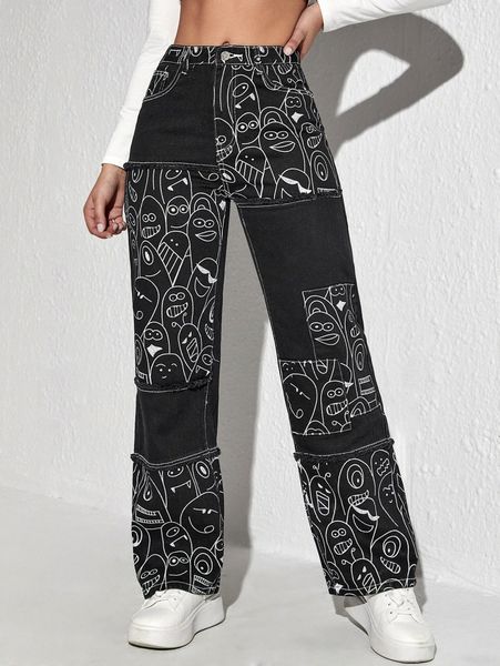 

cartoon graphic wide leg jeans e1j6#, Blue