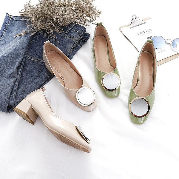 

dress shoes candy green japanned leather med-high heels woman brand round buckle chunky pumps all-match ladies ol schoenen vrouw, Black