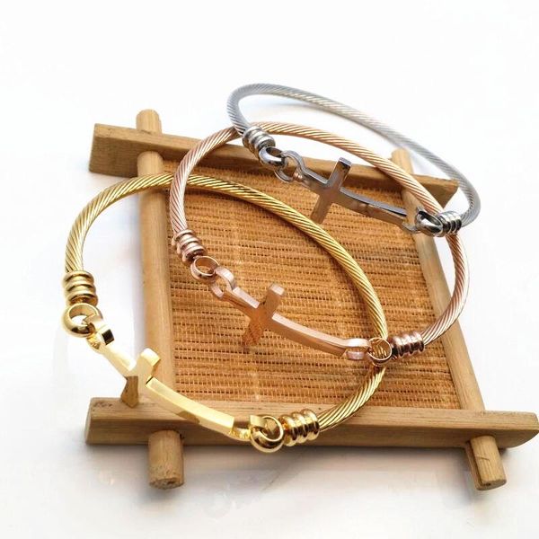 

bangles fashion thin stainless steel sideways cross bracelet women christian simple tiny small horizontal bangle, Black