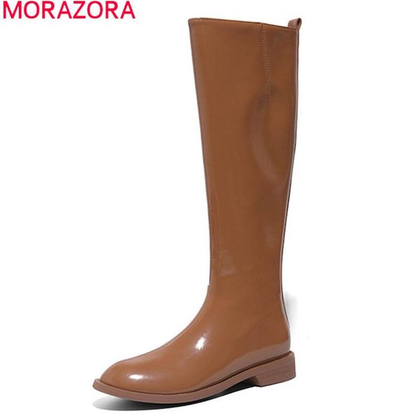 

boots morazora 2021 brand winter women low heel round toe comfortable fashion shoes genuine leather knee high, Black