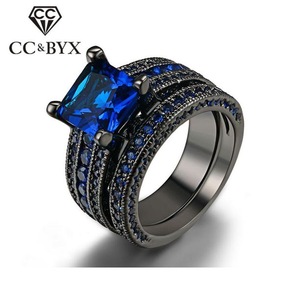 

cluster rings trendy vintage jewelry for women charms black gold-color blue square stone bijoux femme party ring drop 1232, Golden;silver
