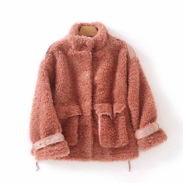 

paris gril autumn winter stand loose long sleeve plush coat women woolen lamb jackets outerwear 210524, Black;brown